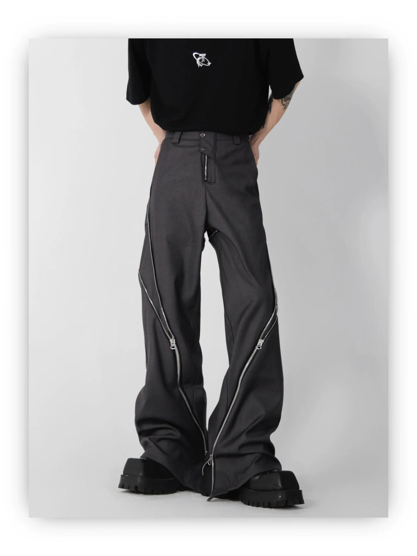 Wide Leg Zipper Spliced Flared Pants with Relaxed Fit and Split