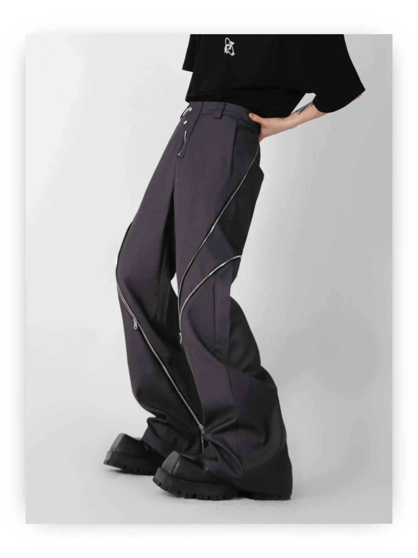 Wide Leg Zipper Spliced Flared Pants with Relaxed Fit and Split