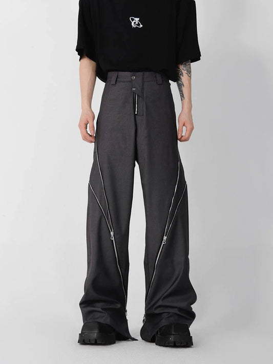 Wide Leg Zipper Spliced Flared Pants with Relaxed Fit and Split