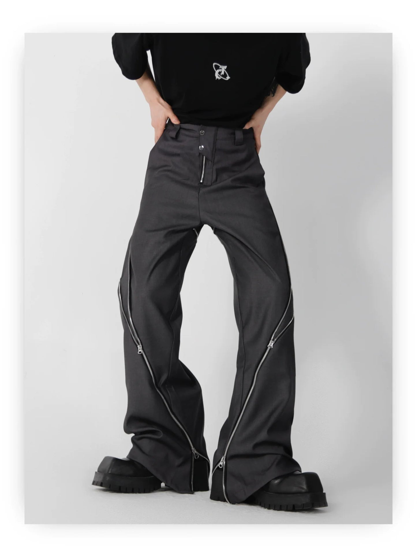 Wide Leg Zipper Spliced Flared Pants with Relaxed Fit and Split