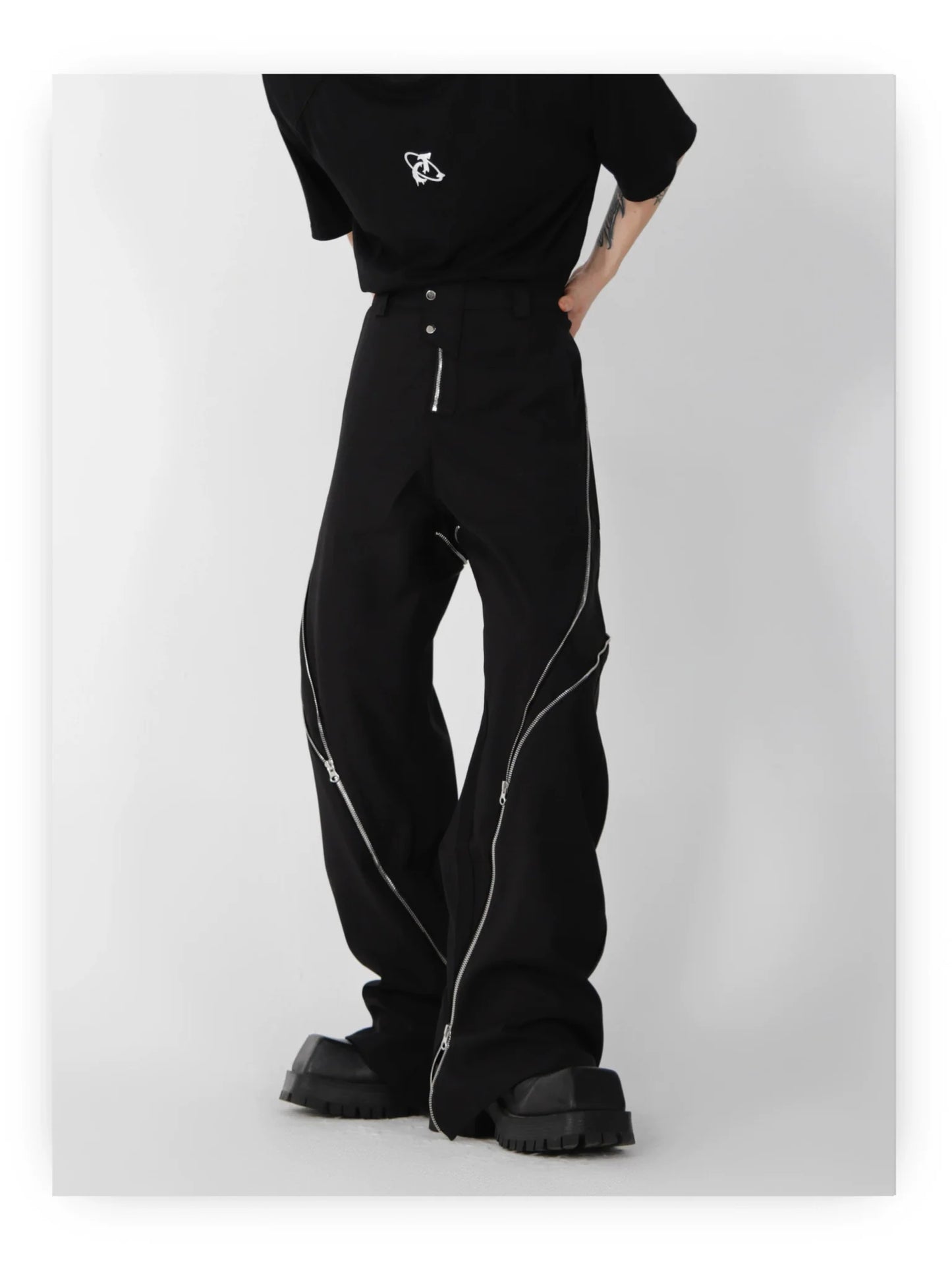 Wide Leg Zipper Spliced Flared Pants with Relaxed Fit and Split