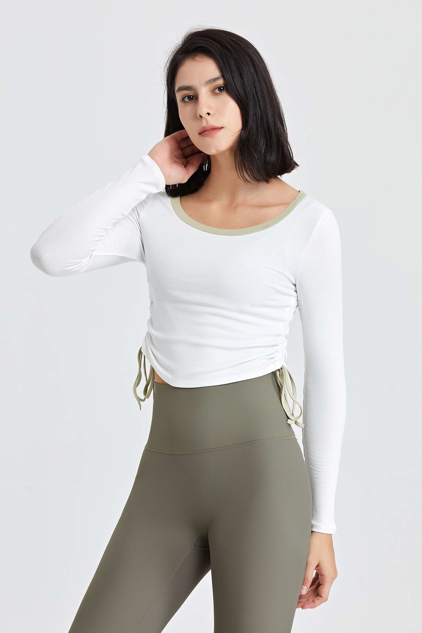 Ribbed Contrast Trim Yoga Crop Top with Drawstring