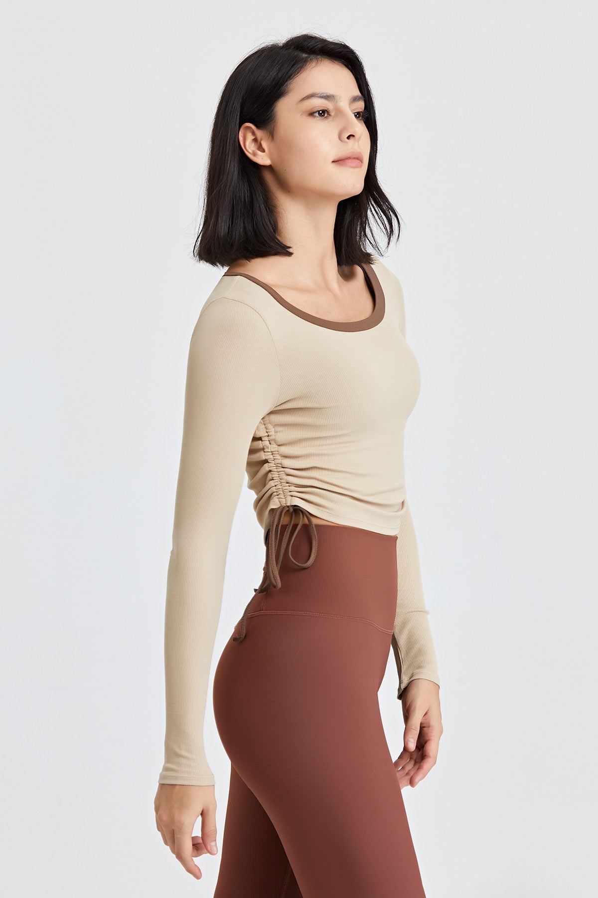 Ribbed Contrast Trim Yoga Crop Top with Drawstring