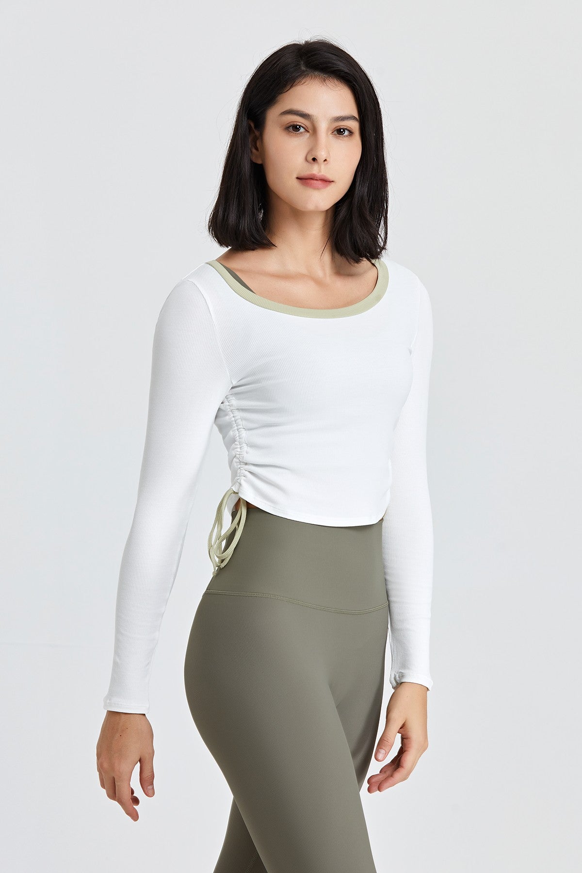 Ribbed Contrast Trim Yoga Crop Top with Drawstring