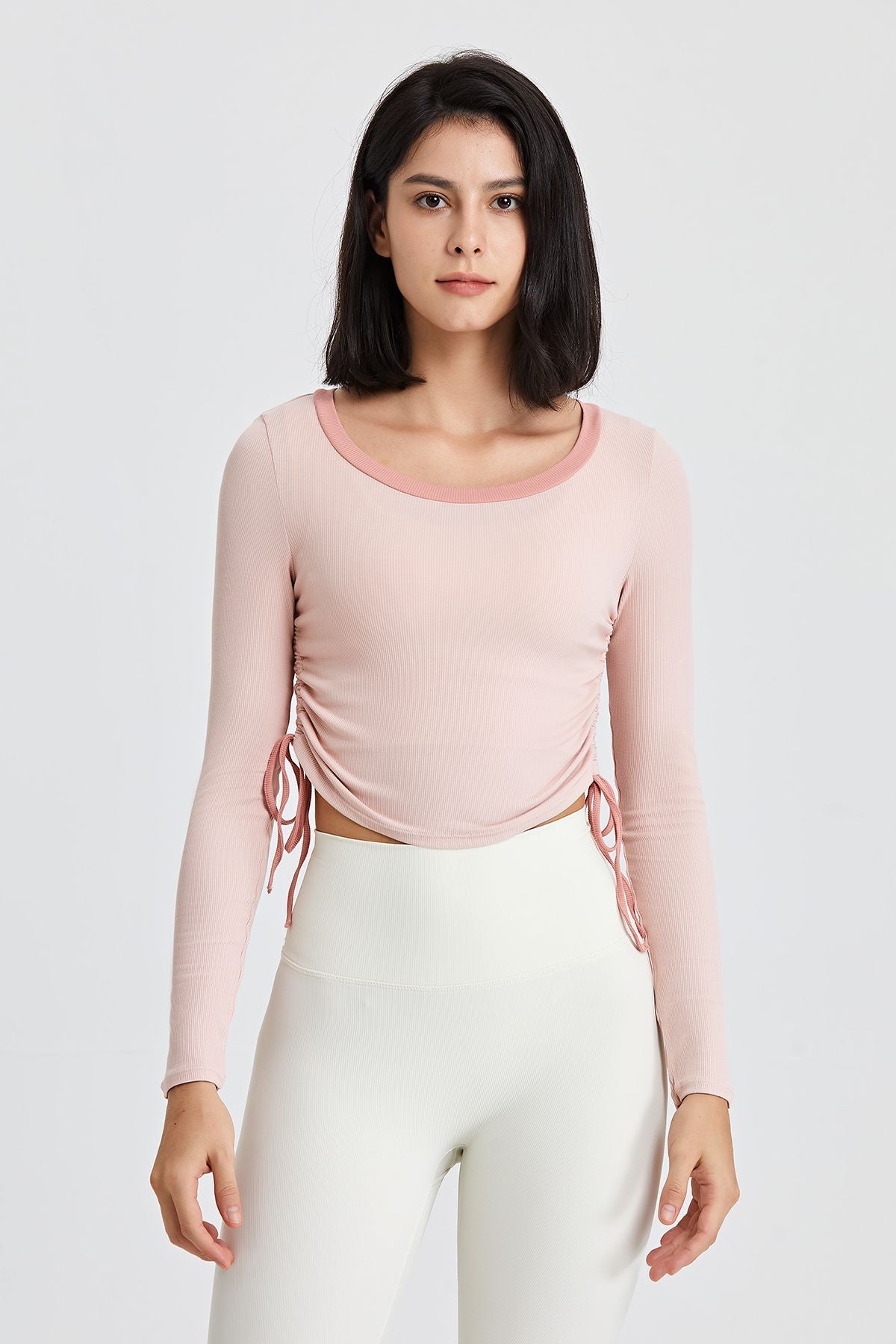 Ribbed Contrast Trim Yoga Crop Top with Drawstring