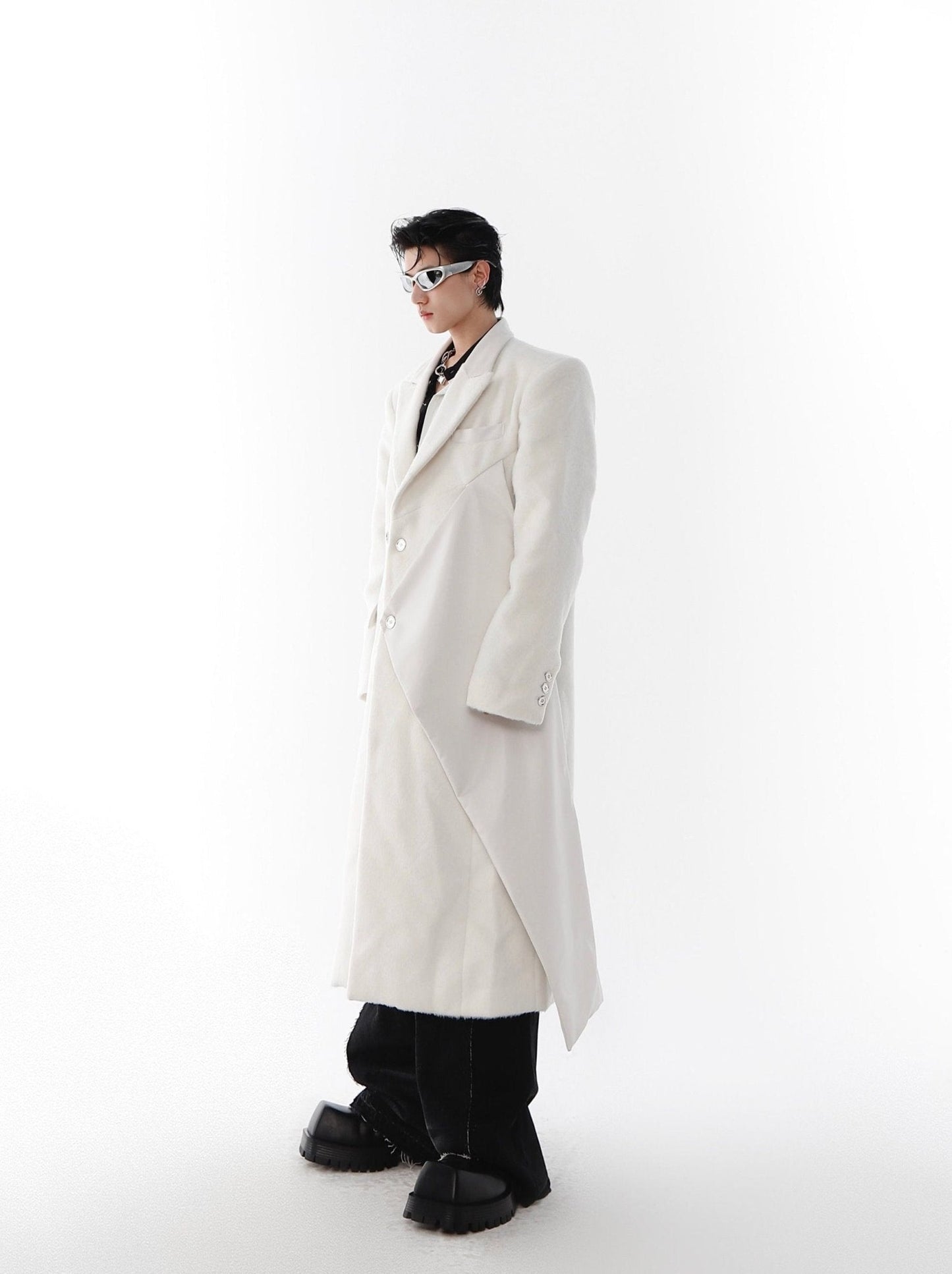 Woolen Overcoat with Faux Leather Patchwork | Unisex Long Trench Coat