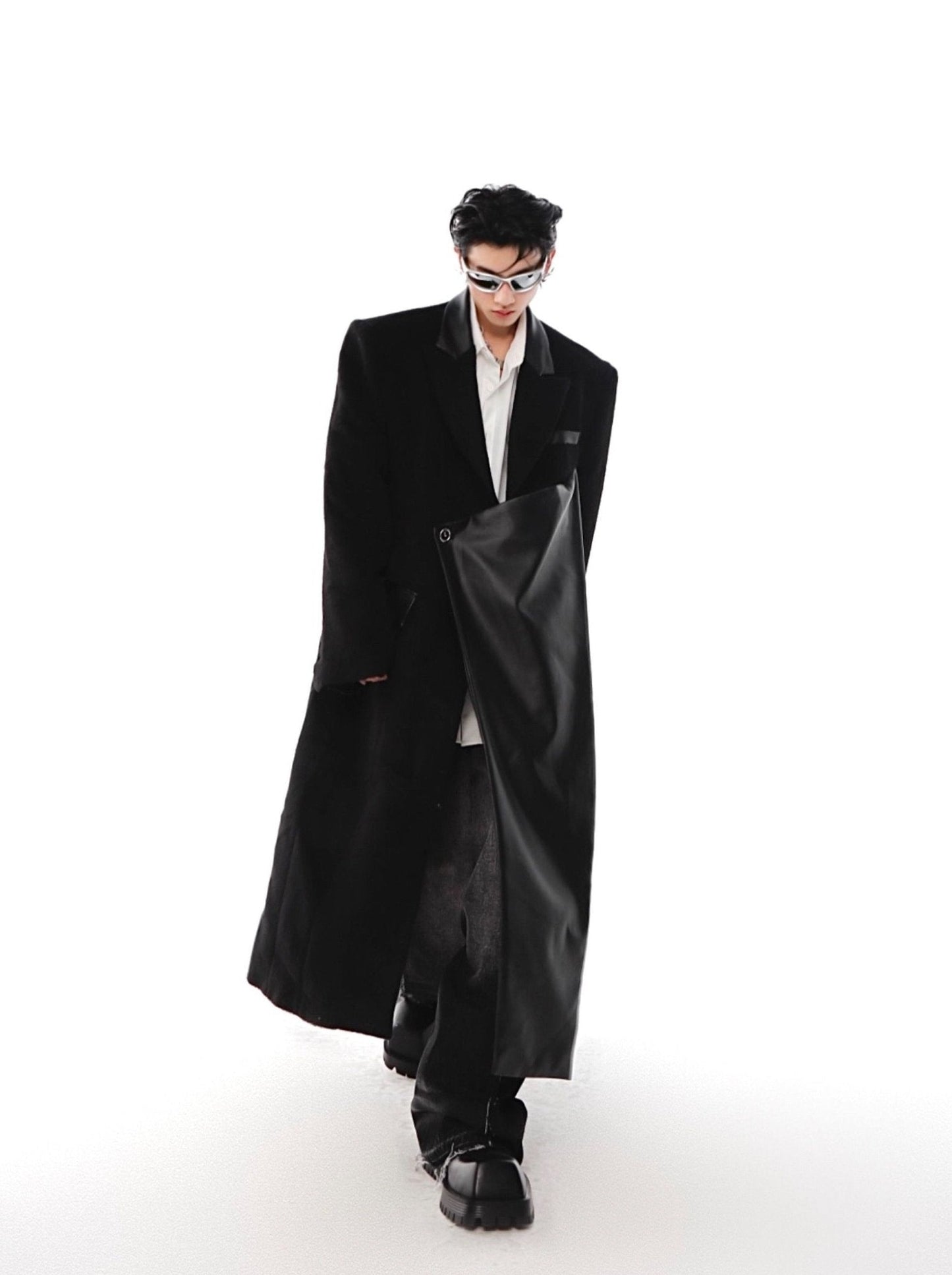 Woolen Overcoat with Faux Leather Patchwork | Unisex Long Trench Coat