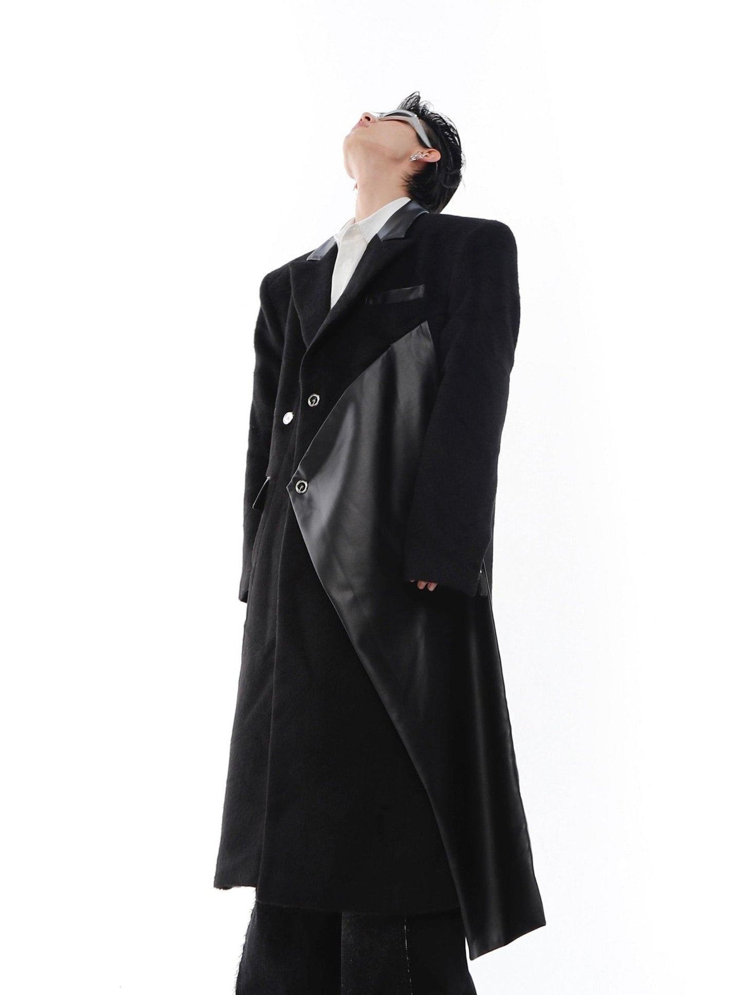 Woolen Overcoat with Faux Leather Patchwork | Unisex Long Trench Coat