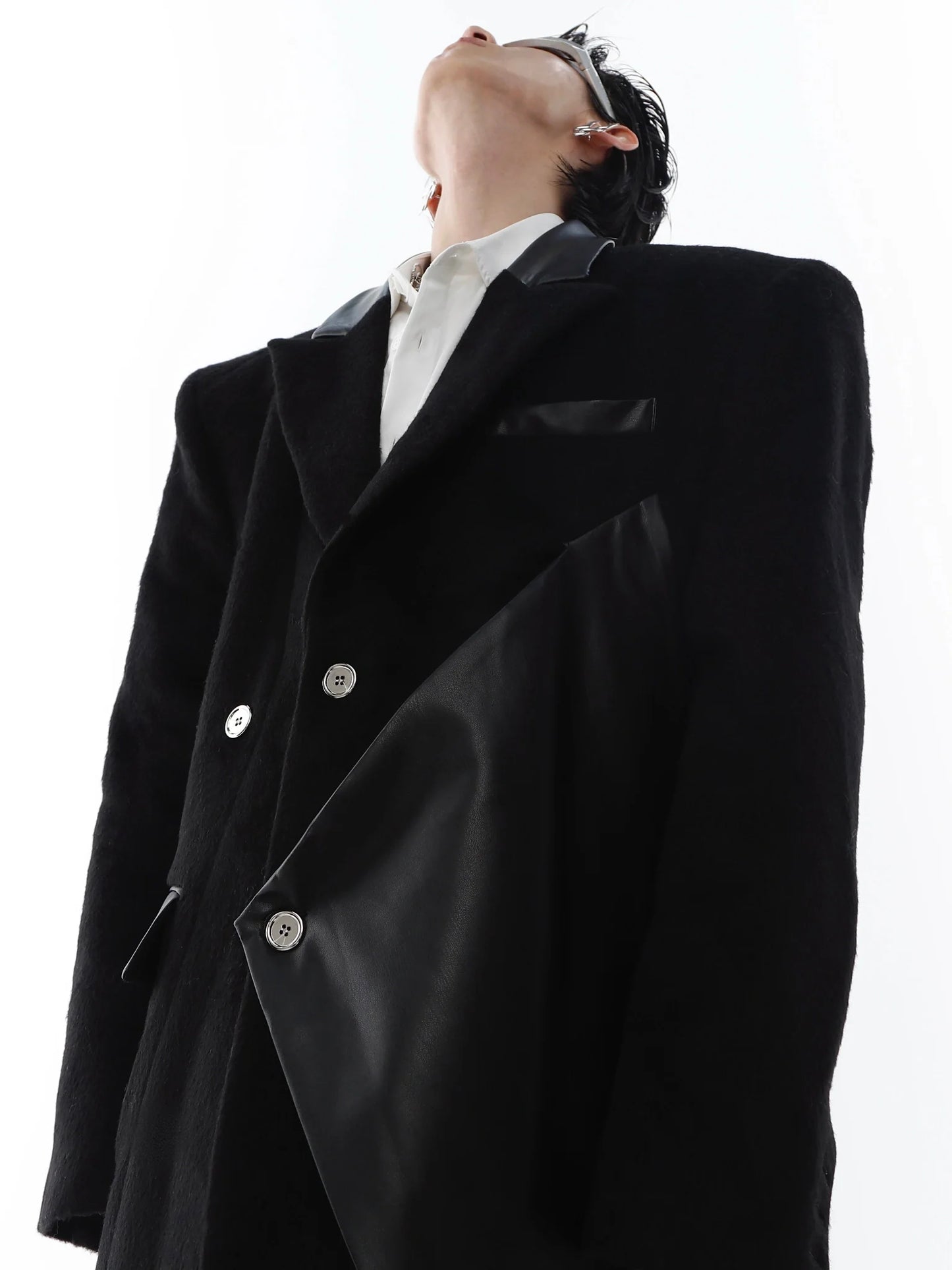 Woolen Overcoat with Faux Leather Patchwork | Unisex Long Trench Coat