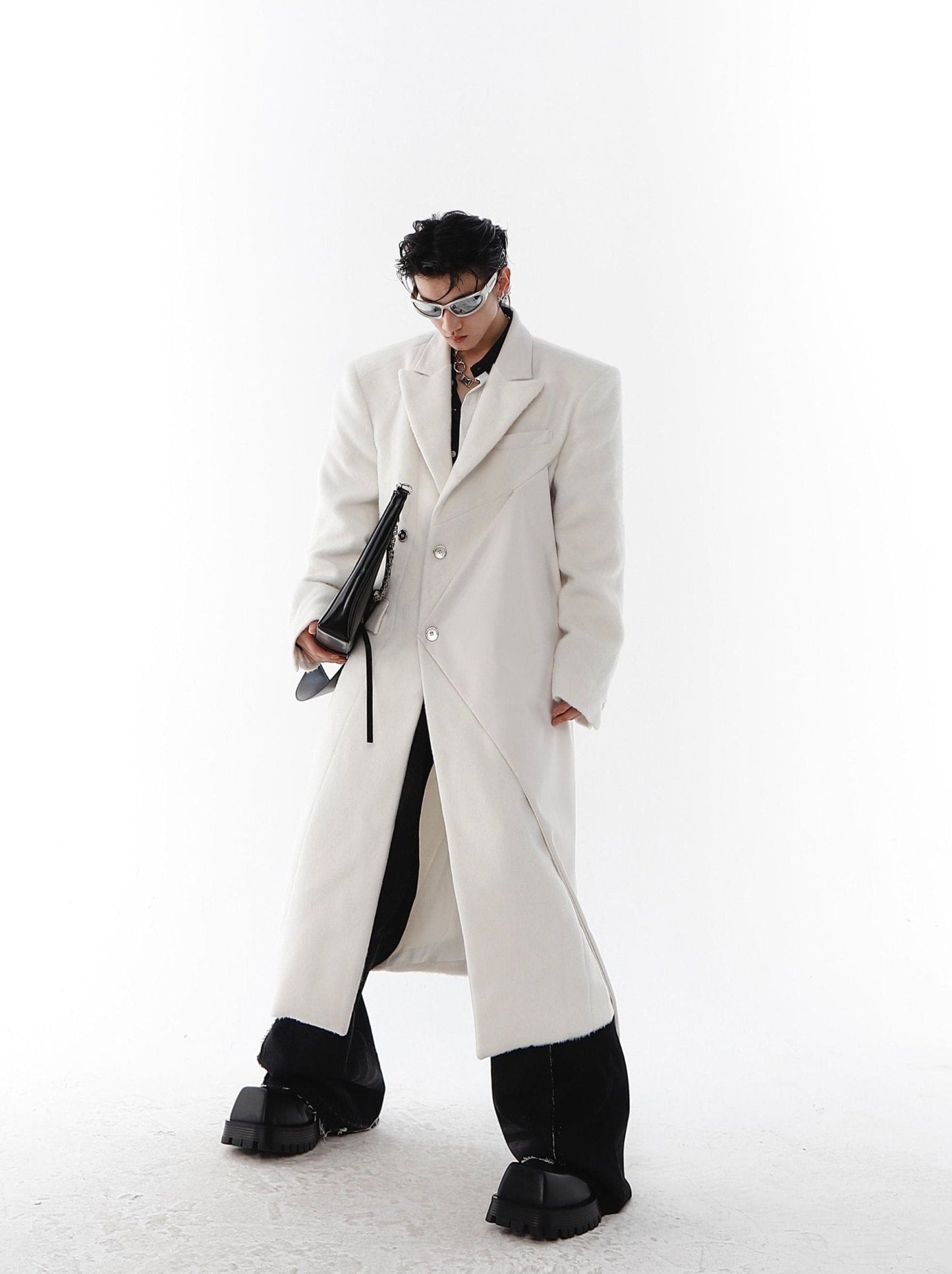 Woolen Overcoat with Faux Leather Patchwork | Unisex Long Trench Coat