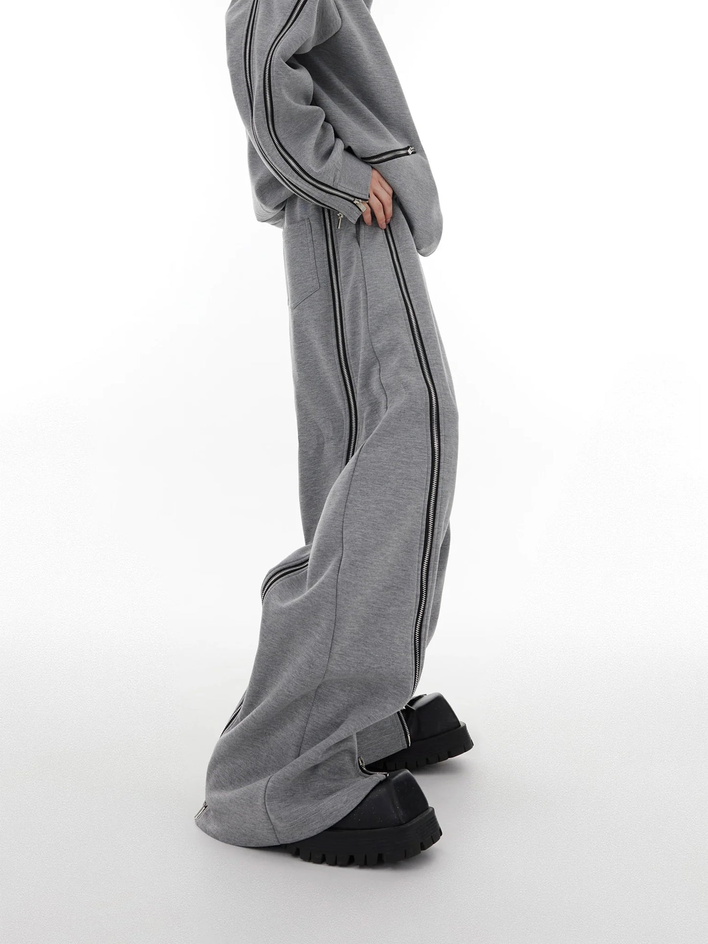 Zippered Shoulder-Padded Round Neck Sweatshirt and Joggers Set