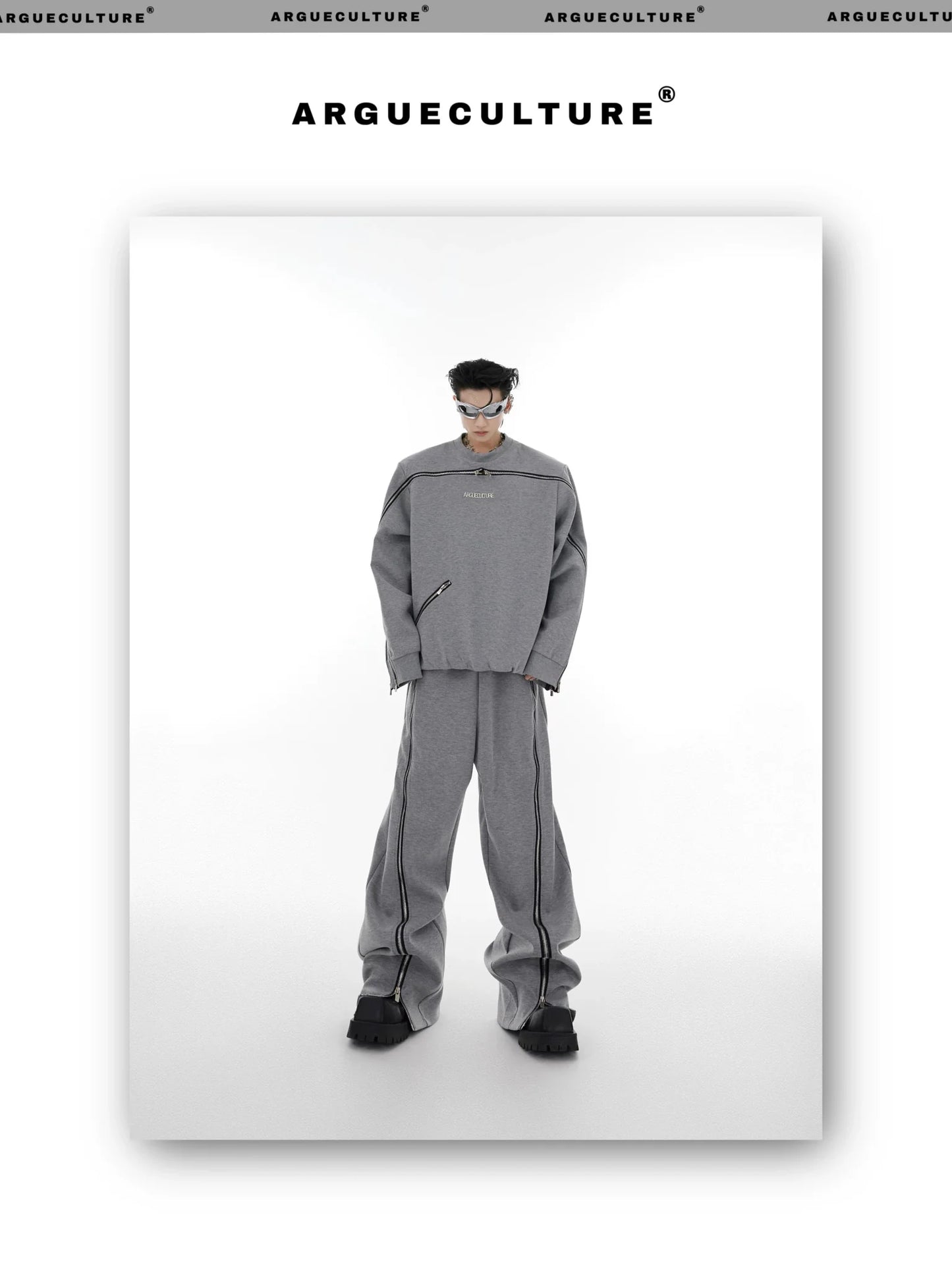 Zippered Shoulder-Padded Round Neck Sweatshirt and Joggers Set