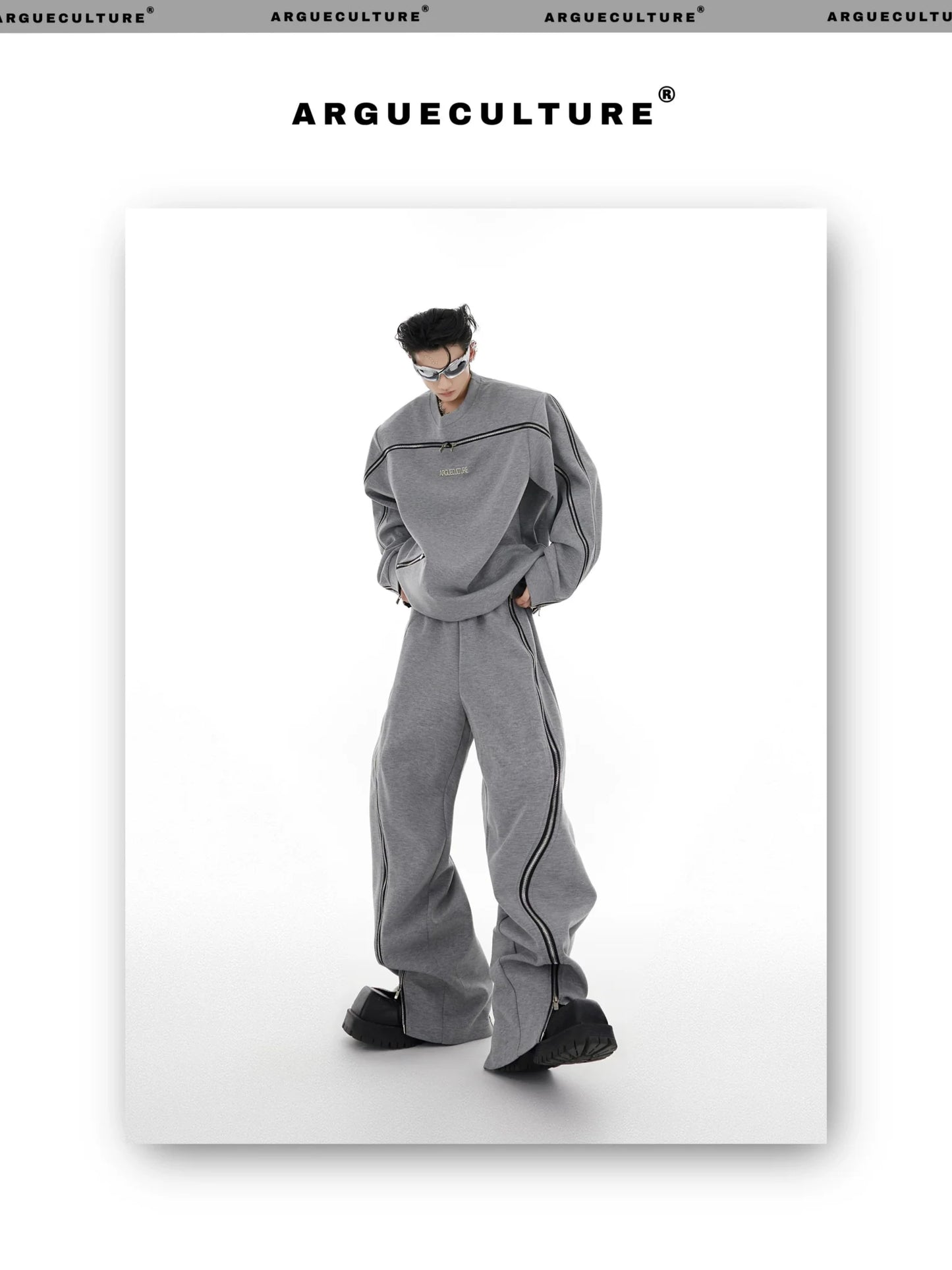 Zippered Shoulder-Padded Round Neck Sweatshirt and Joggers Set