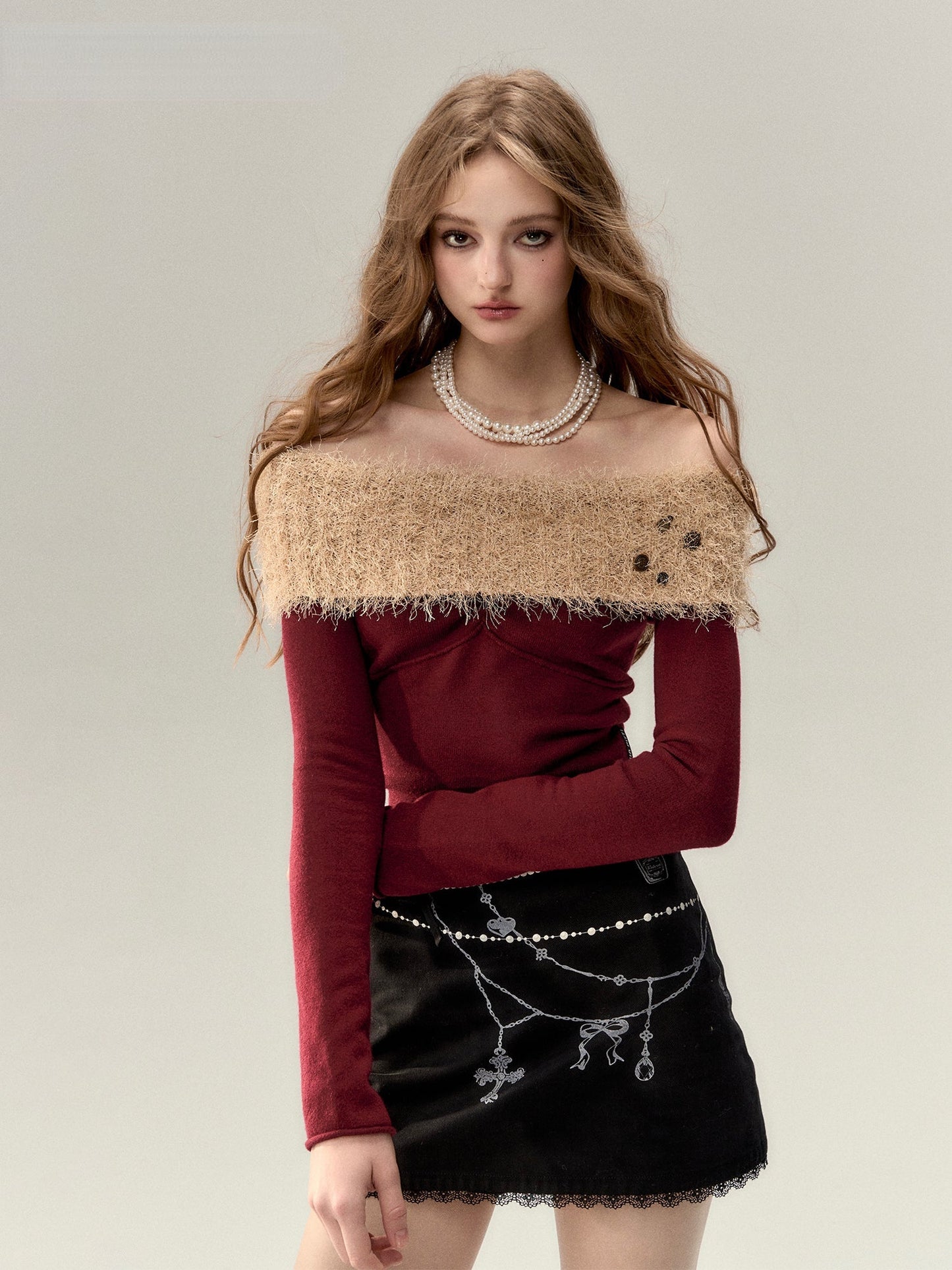 Red & Khaki Off-shoulder Wool Knitted Sweater