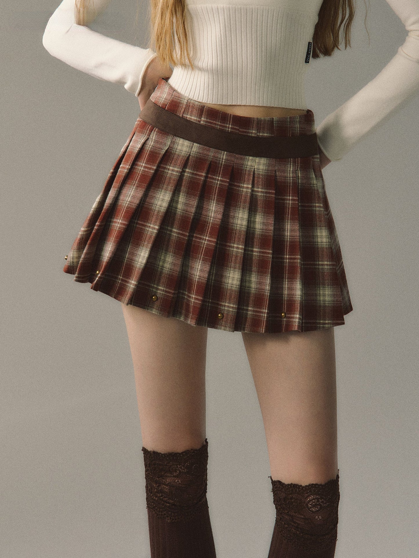 Red & Coffee Plaid Pleated Mini Skirt