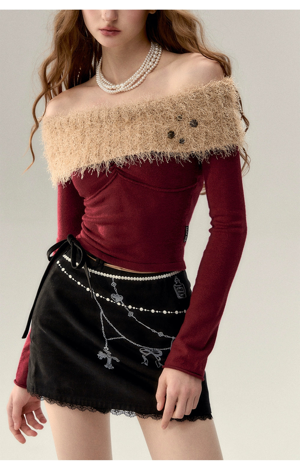 Red & Khaki Off-shoulder Wool Knitted Sweater