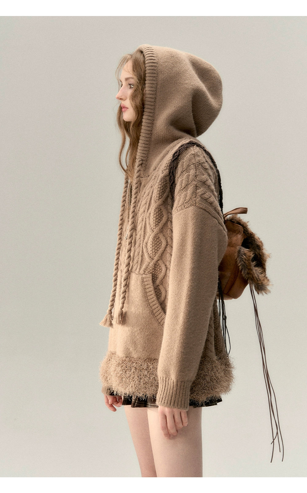 Off-white & Khaki Twisted Knit Hooded Sweater