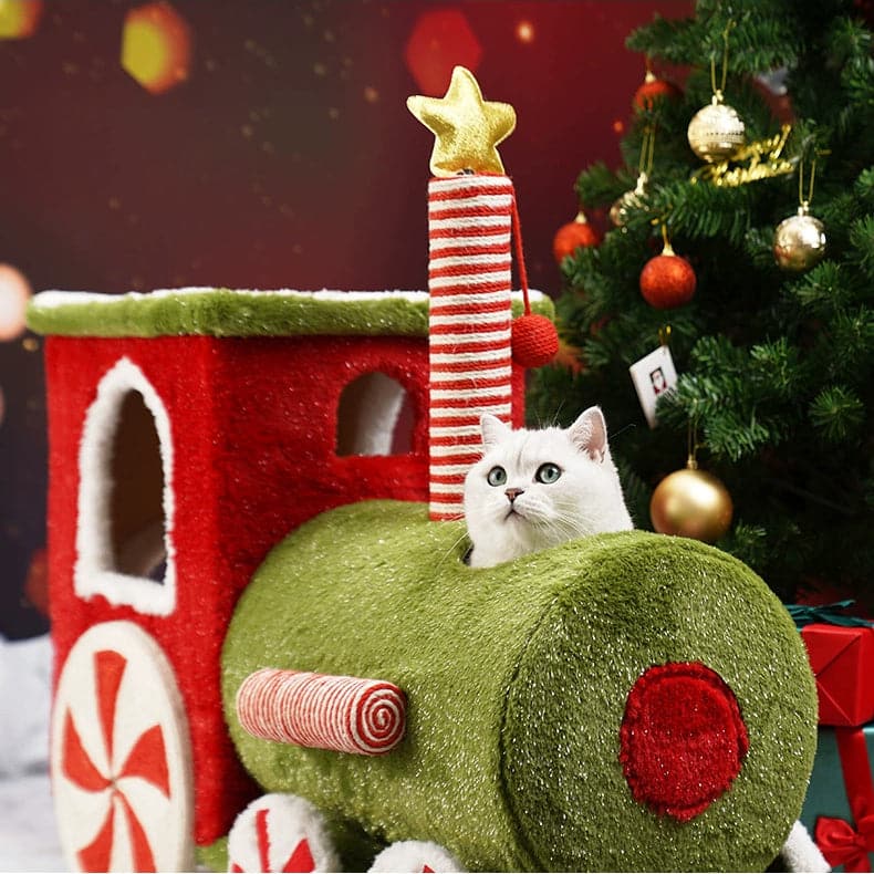 クリスマストレインカバー付き猫用ベッド 2匹用