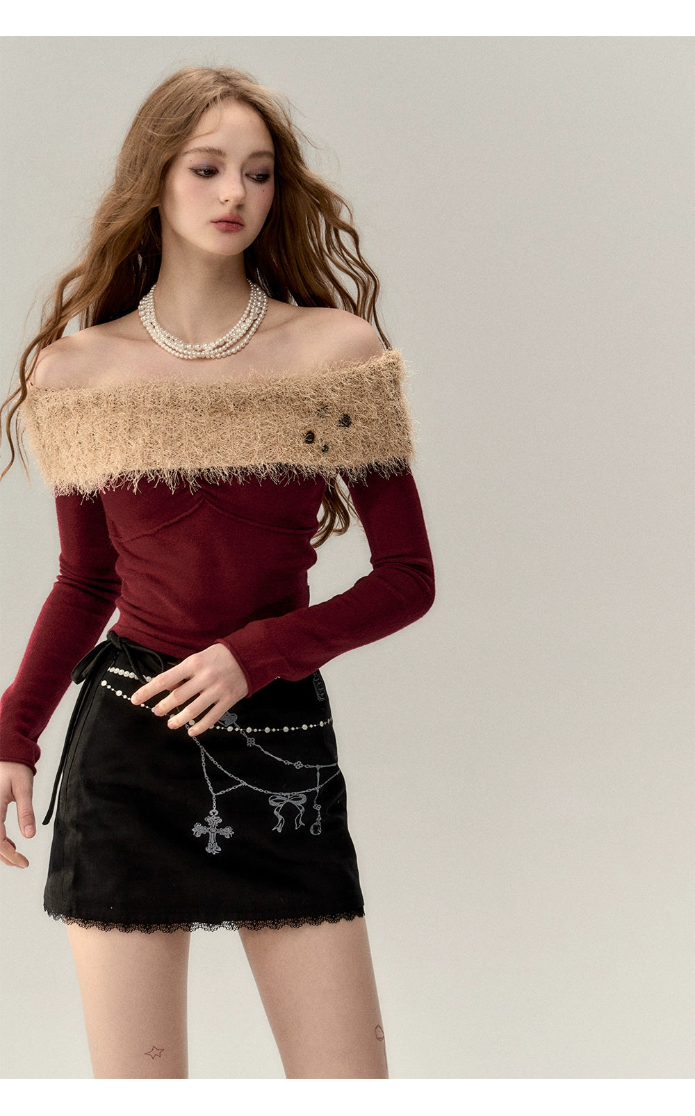 Red & Khaki Off-shoulder Wool Knitted Sweater