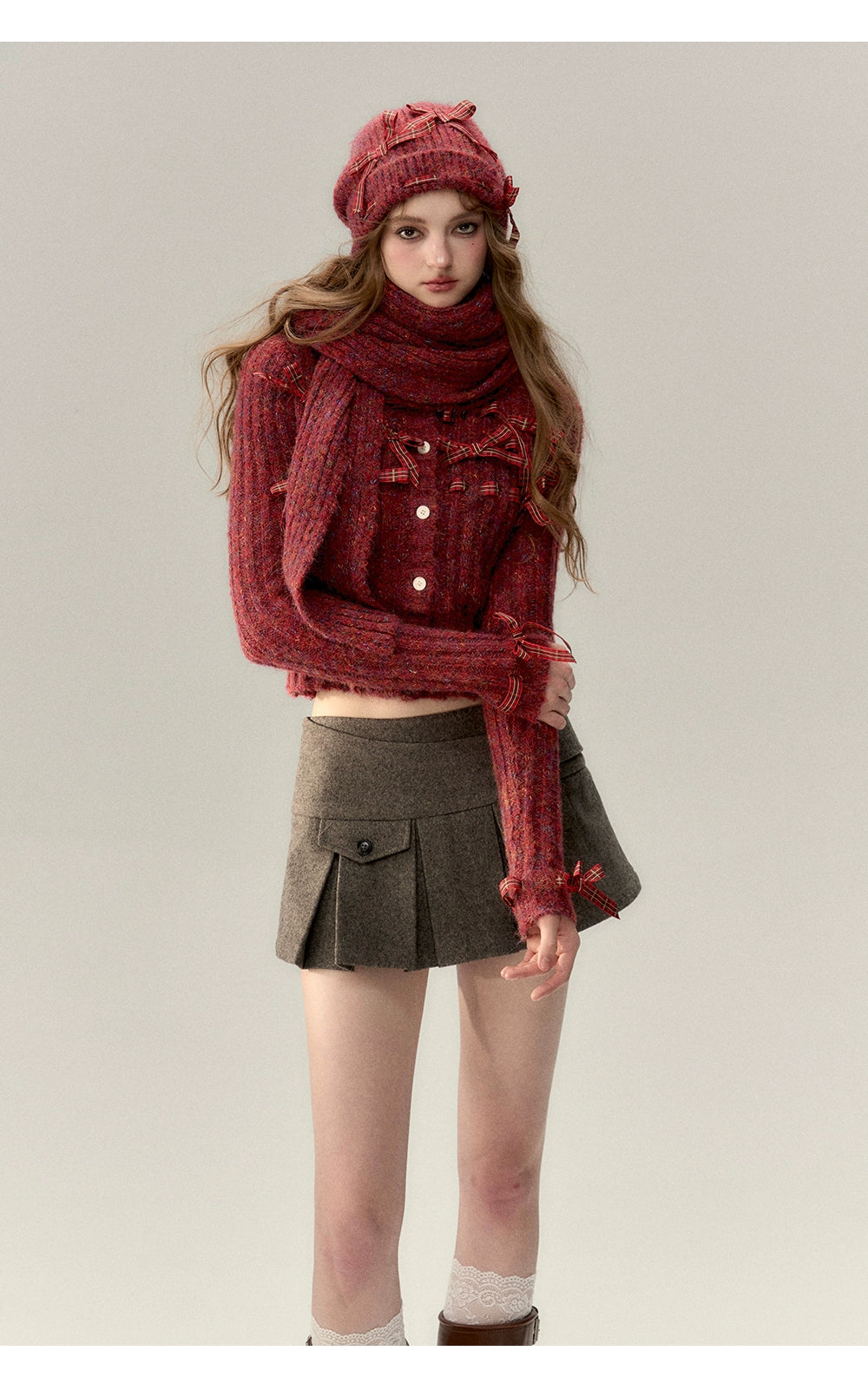 Red & Black Bow Decorated Knit Cardigan