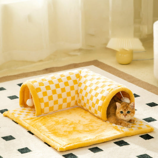 2-in-1 Funny Plush Plaid Pet Tunnel Bed Square Cat&Dog Bed